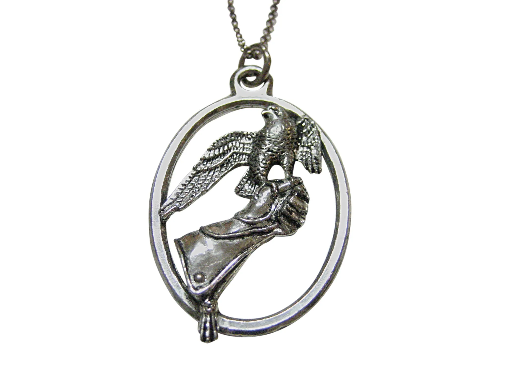 Falcon Bird and Glove Large Oval Pendant Necklace