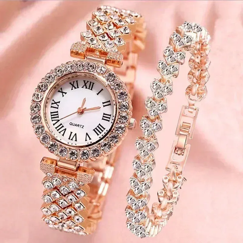 Fashion Luxury Full Crystal 2 Pcs Watch Set for Women Rhinestone Wristwatch Female Bracelet Set Gift Montre Femme Reloj Mujer
