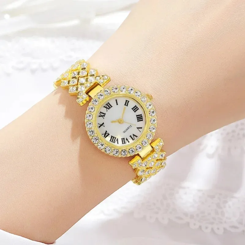 Fashion Luxury Full Crystal 2 Pcs Watch Set for Women Rhinestone Wristwatch Female Bracelet Set Gift Montre Femme Reloj Mujer