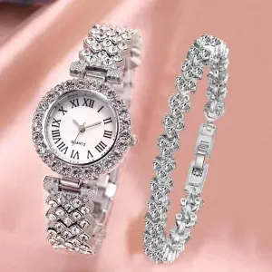 Fashion Luxury Full Crystal 2 Pcs Watch Set for Women Rhinestone Wristwatch Female Bracelet Set Gift Montre Femme Reloj Mujer