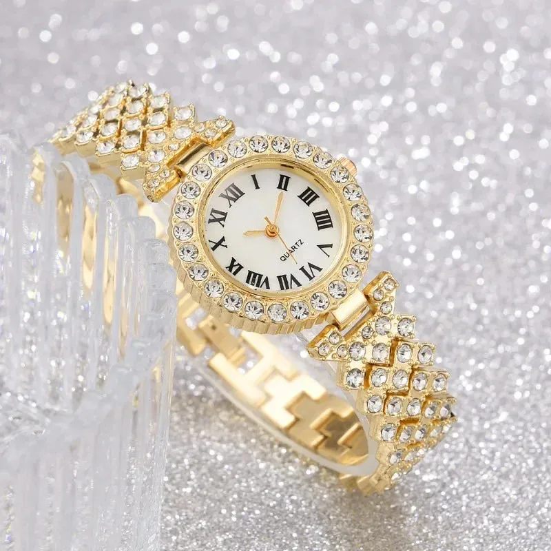 Fashion Luxury Full Crystal 2 Pcs Watch Set for Women Rhinestone Wristwatch Female Bracelet Set Gift Montre Femme Reloj Mujer