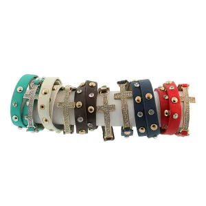 Faux Multicolor Leather Religious Cross White CZ Multi-Row Wristband Five Bracelets Set