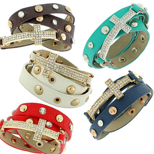 Faux Multicolor Leather Religious Cross White CZ Multi-Row Wristband Five Bracelets Set