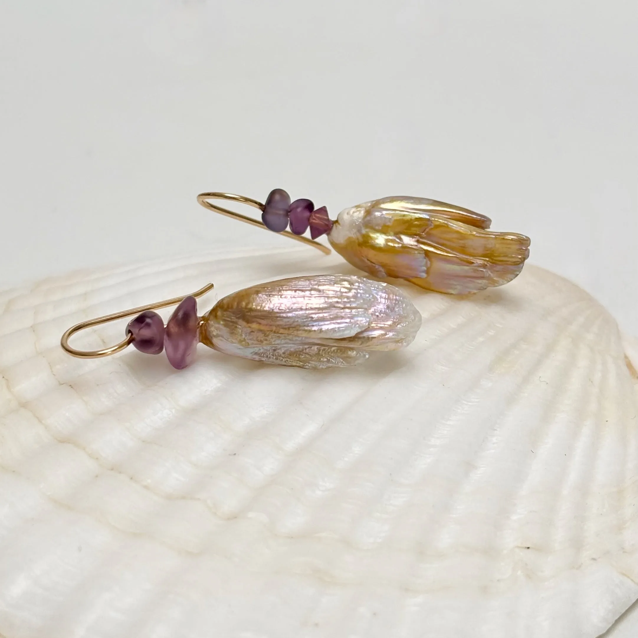 feather pearl & purple spinel drop earrings