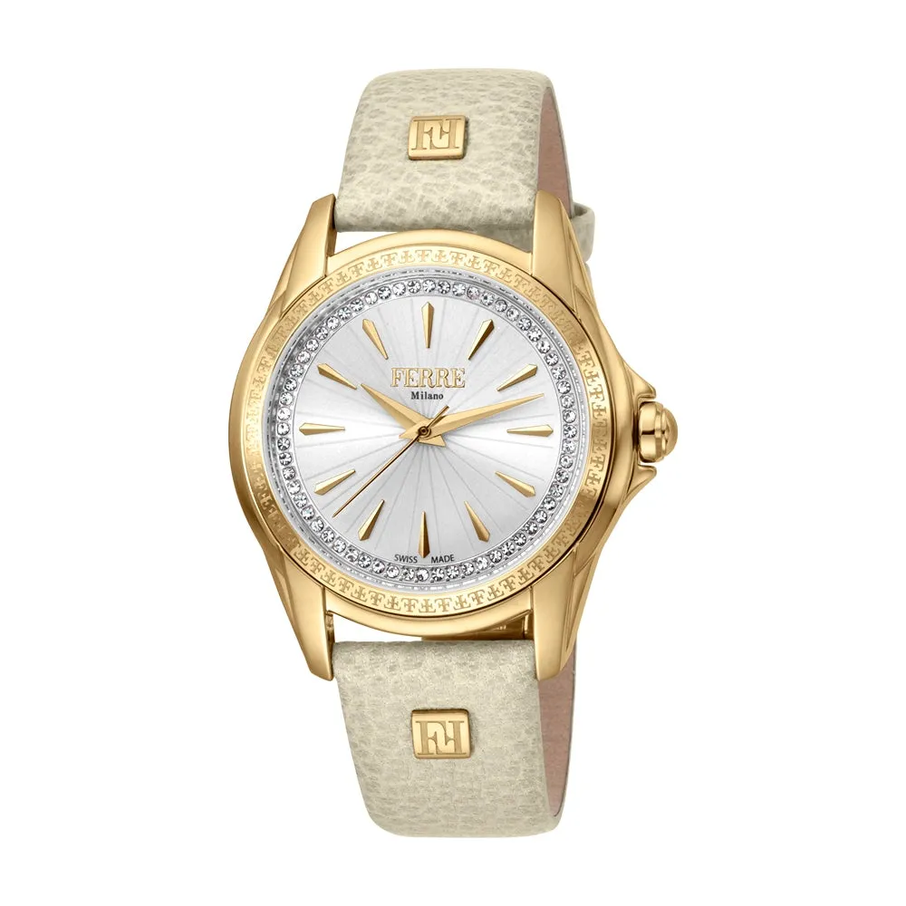 Ferre Milano Ladies Watch Golden Color Case & Beige Leather Strap With Stone