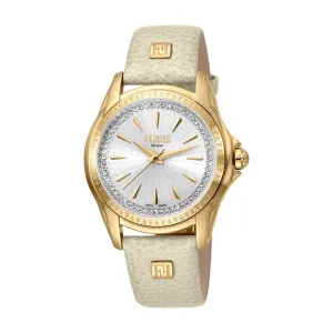 Ferre Milano Ladies Watch Golden Color Case & Beige Leather Strap With Stone