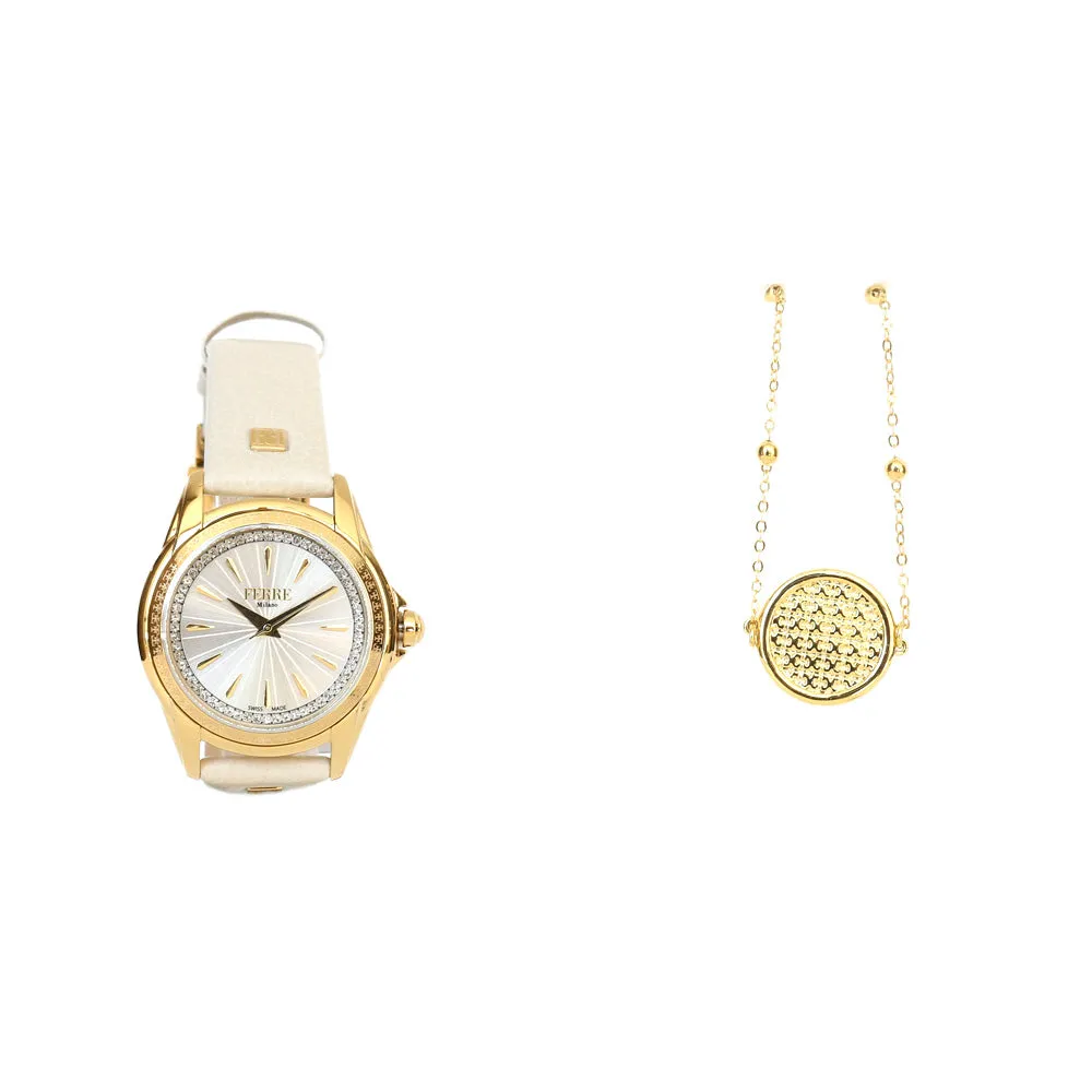 Ferre Milano Ladies Watch Golden Color Case & Beige Leather Strap With Stone