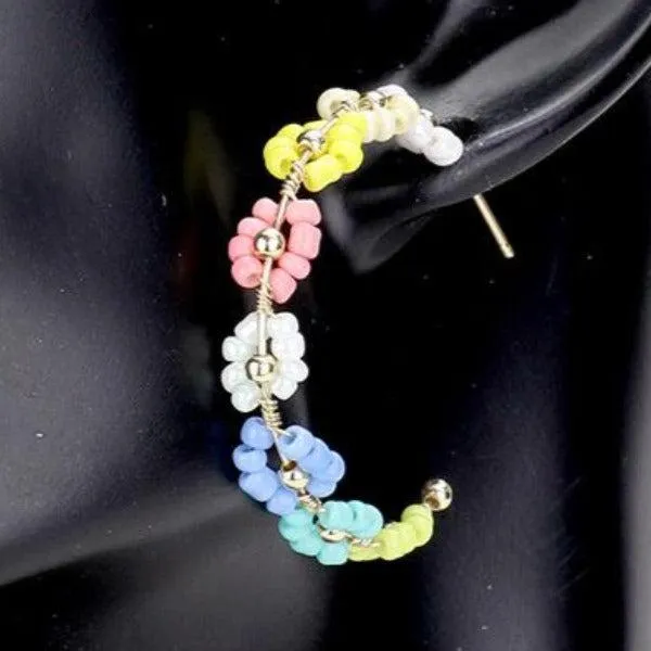 Flower Cluster Multi Colored Seed Beaded Earrings