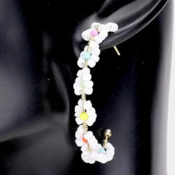 Flower Cluster White Seed Beaded Half Hoop Earrings