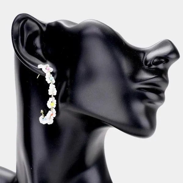 Flower Cluster White Seed Beaded Half Hoop Earrings