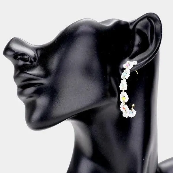 Flower Cluster White Seed Beaded Half Hoop Earrings
