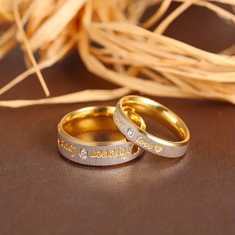 Forever LOVE Titanium Steel Couples Ring Stainless Steel Faux Diamond Ring