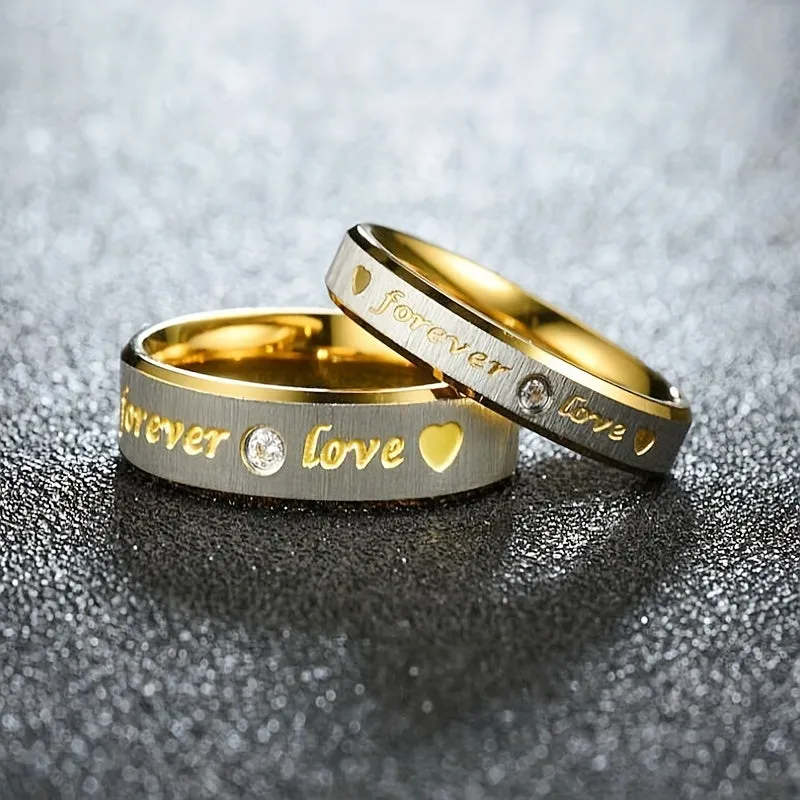 Forever LOVE Titanium Steel Couples Ring Stainless Steel Faux Diamond Ring