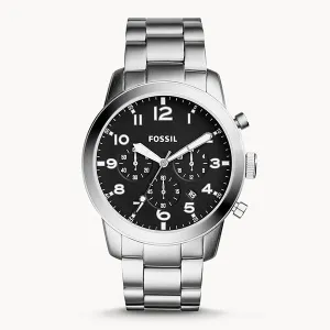 Fossil Pilot 54 Silver Stainless Steel Black Dial Chronograph Quartz Watch for Gents - FS5141
