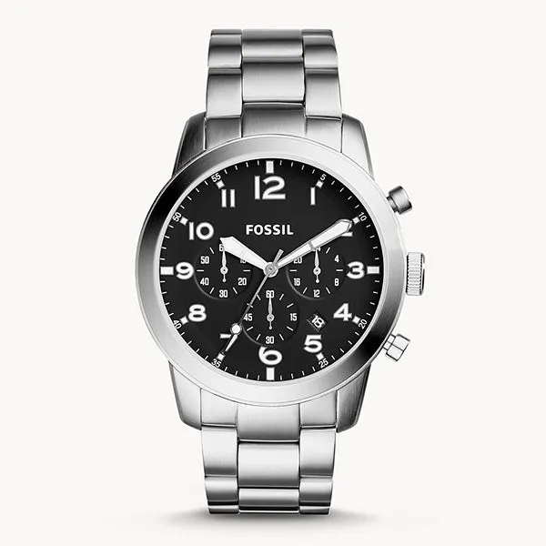 Fossil Pilot 54 Silver Stainless Steel Black Dial Chronograph Quartz Watch for Gents - FS5141