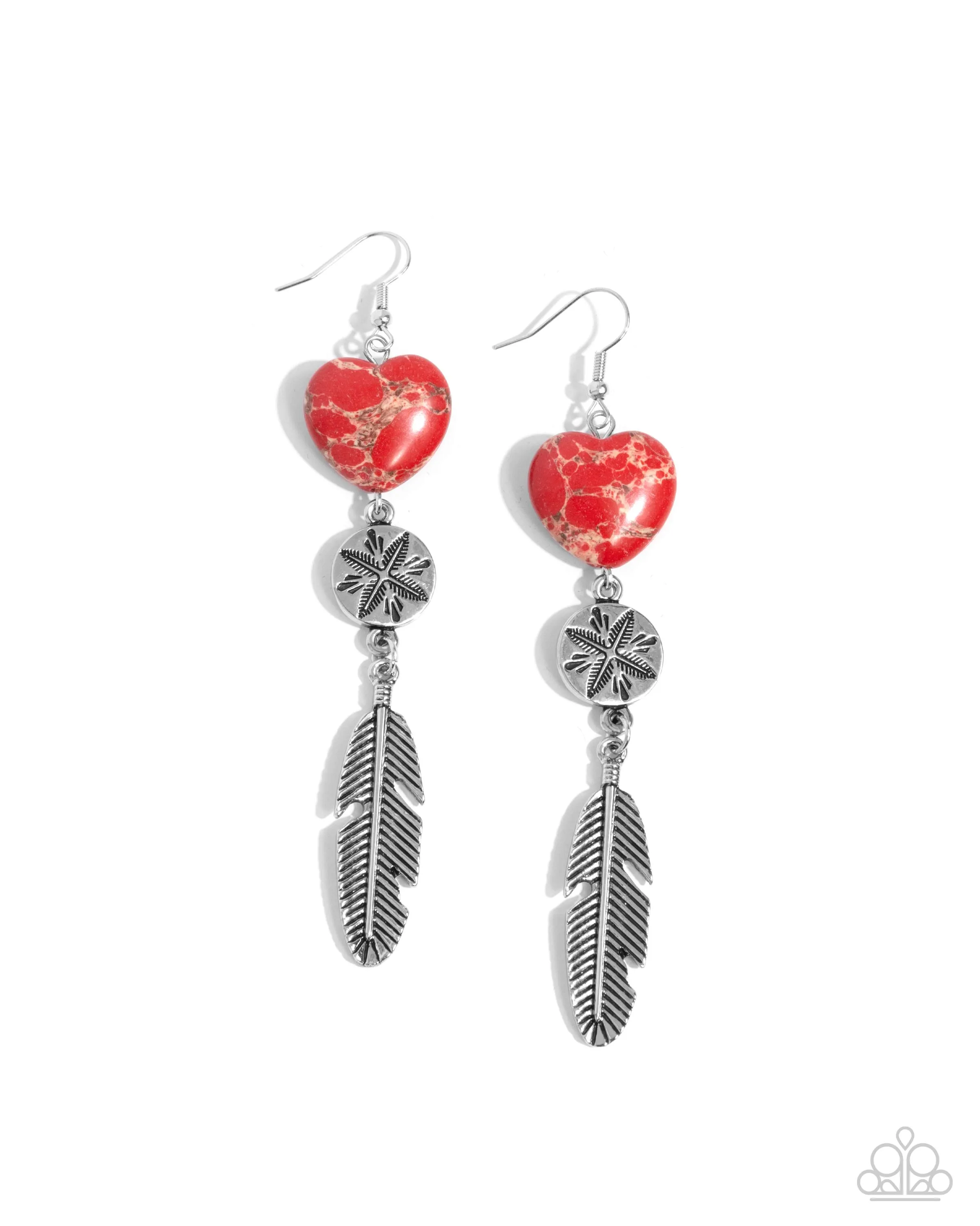 Free-Spirited Fame - Red - Marbled Stone Heart Silver Feather Paparazzi Fishhook Earrings