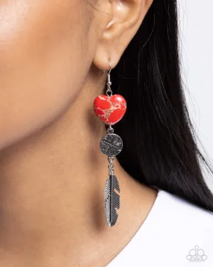 Free-Spirited Fame - Red - Marbled Stone Heart Silver Feather Paparazzi Fishhook Earrings