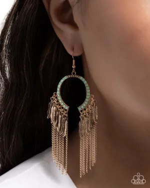 Free-Spirited Fringe - Green - Opalescent Rhinestone Gold Fringe Paparazzi Fishhook Earrings