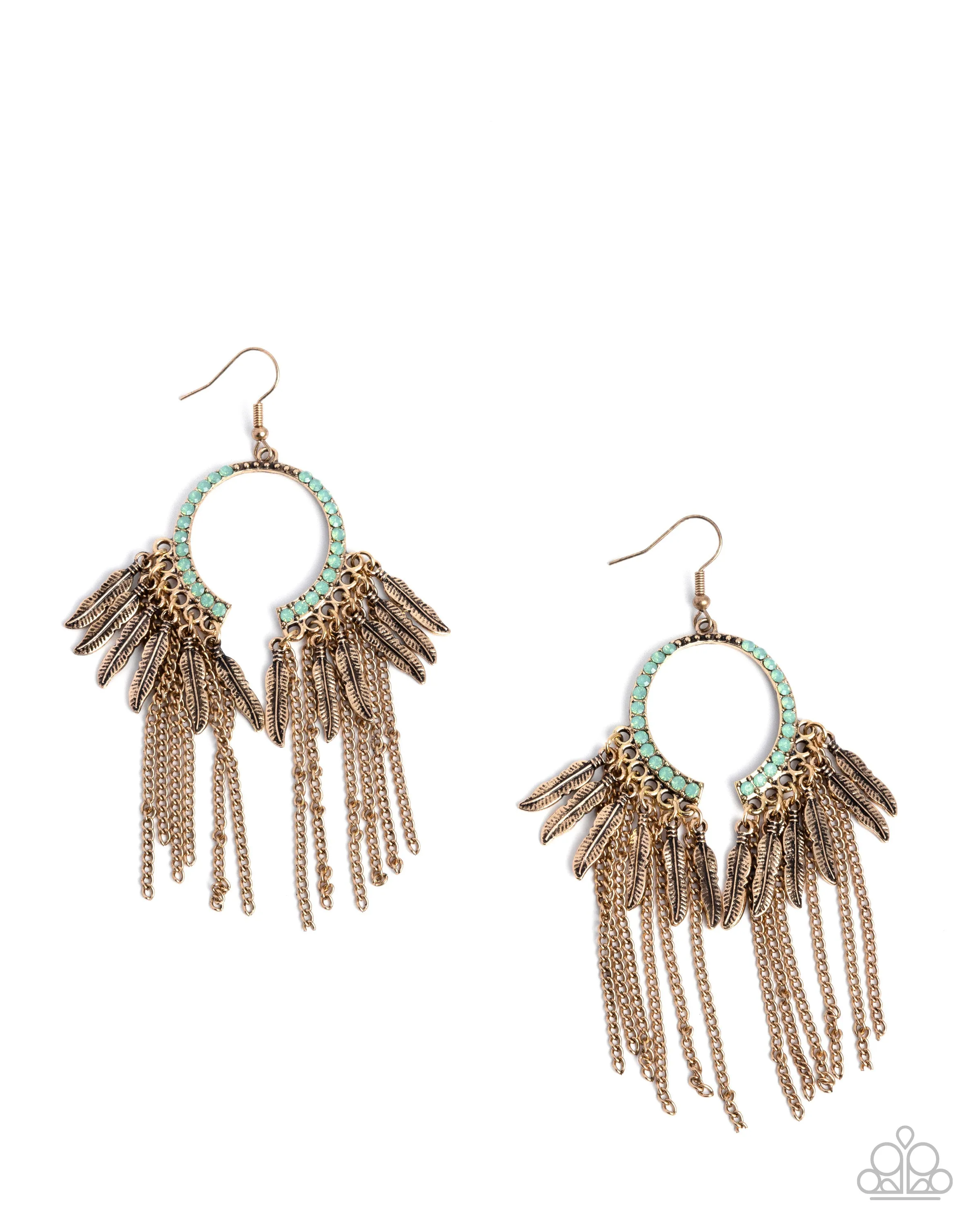 Free-Spirited Fringe - Green - Opalescent Rhinestone Gold Fringe Paparazzi Fishhook Earrings