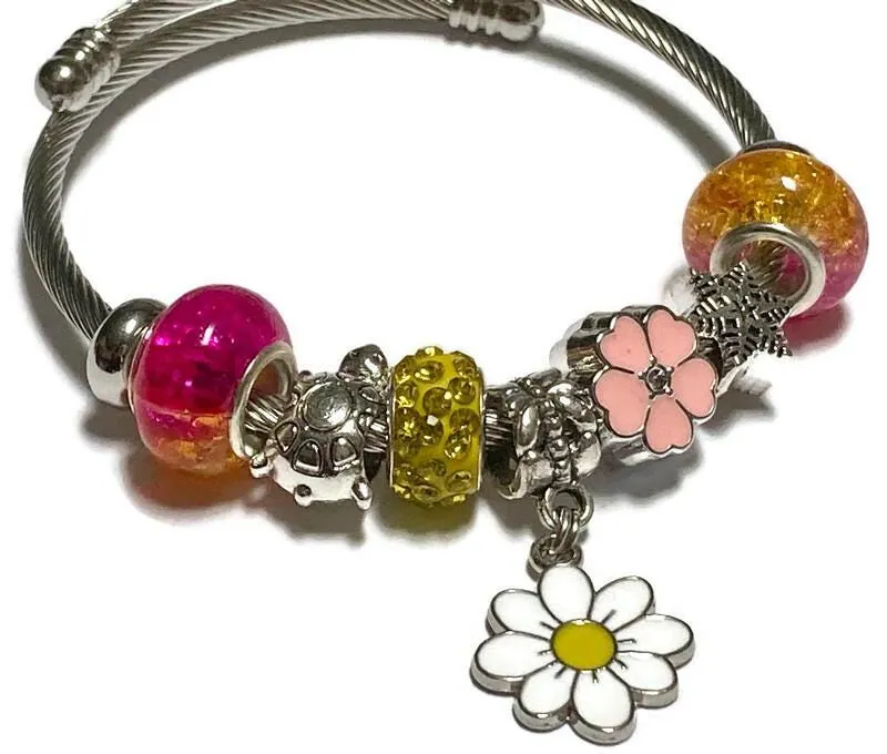 Fuchsia and yellow. Stainless Expandable Easy to put on stretch memory wire Charm Bracelet. One size fits most
