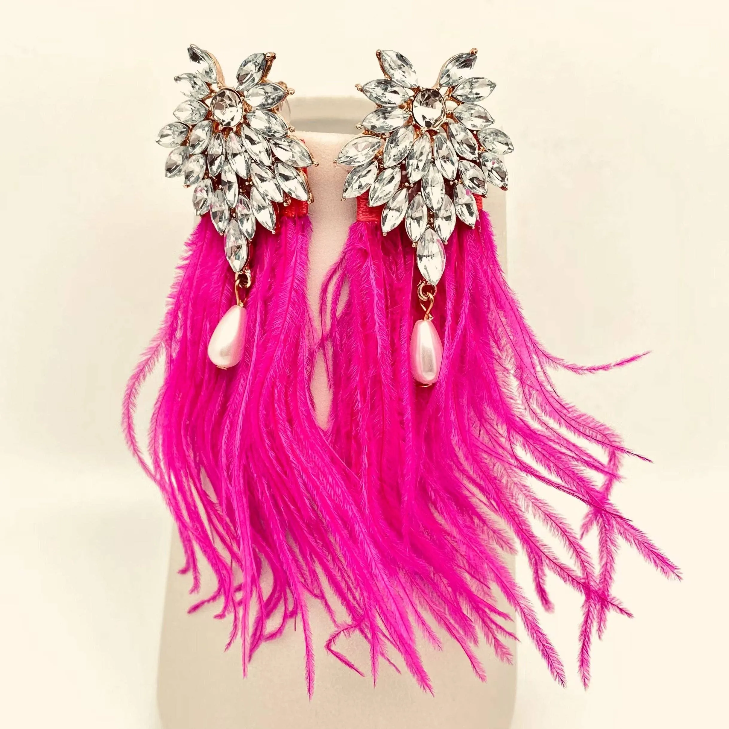 Fuchsia Feather Rhinestone Stud Earrings