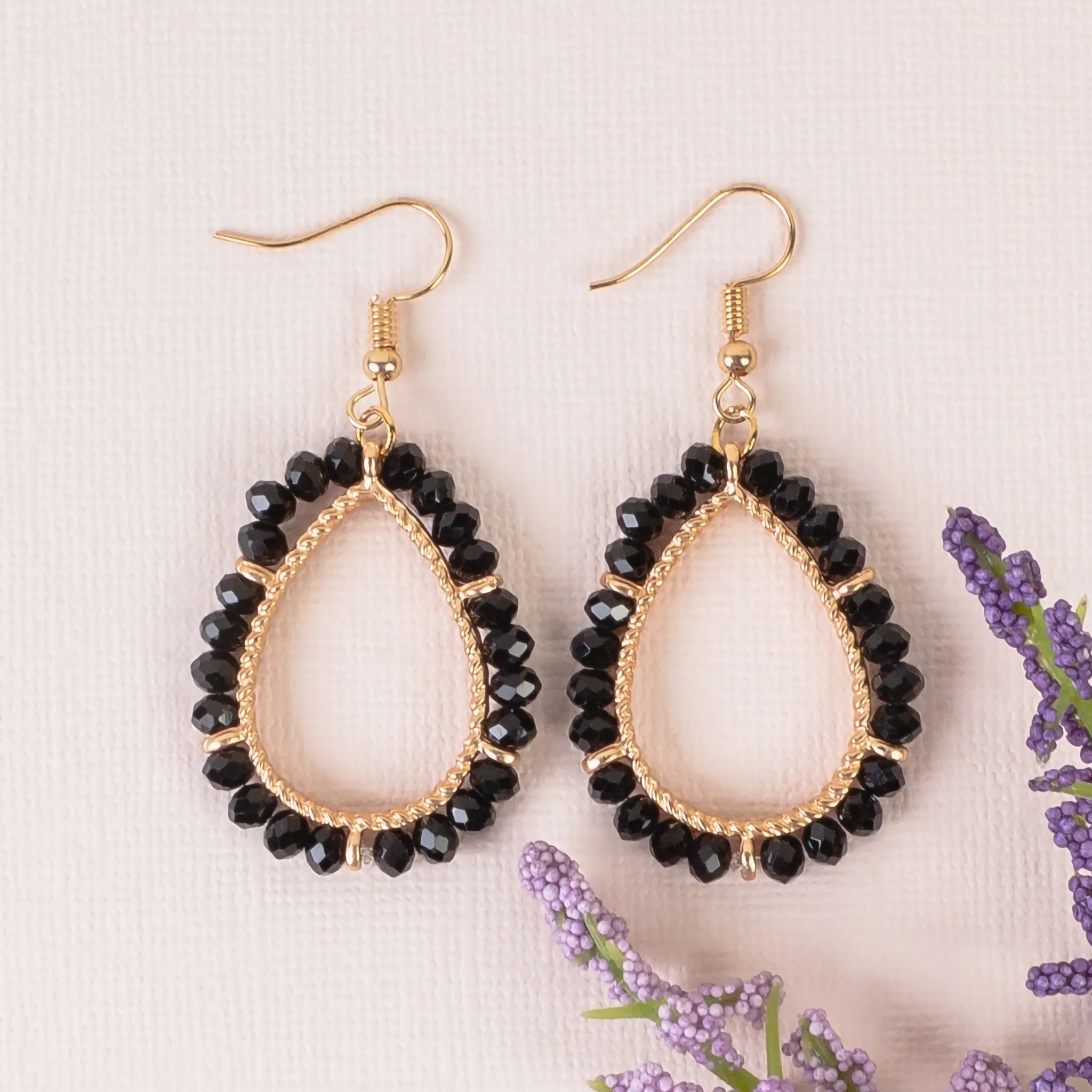 GGE37 - Beaded Hoop Earrings - Black