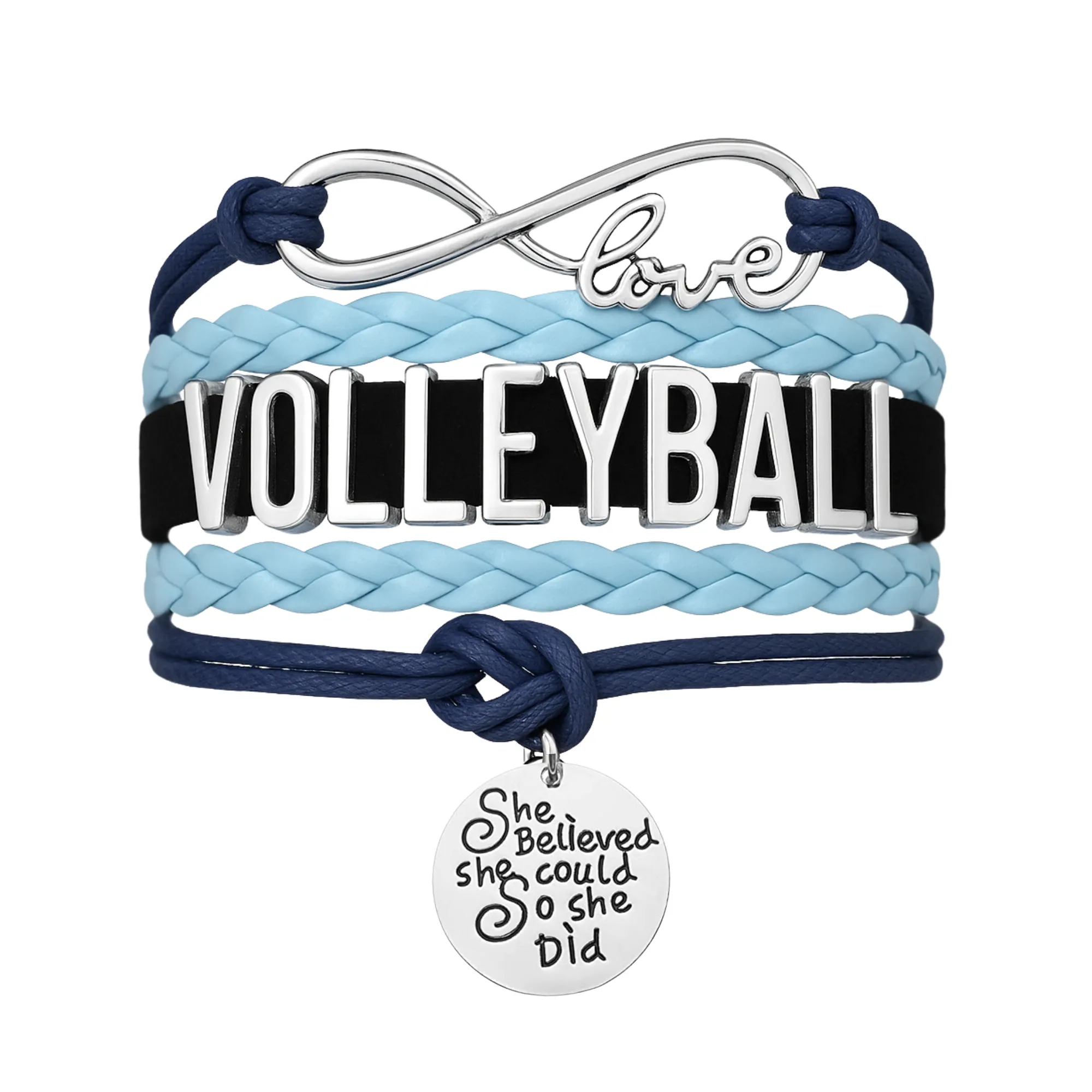 Girls Volleyball Blue and Black Infinity Bracelet - Pick Charm