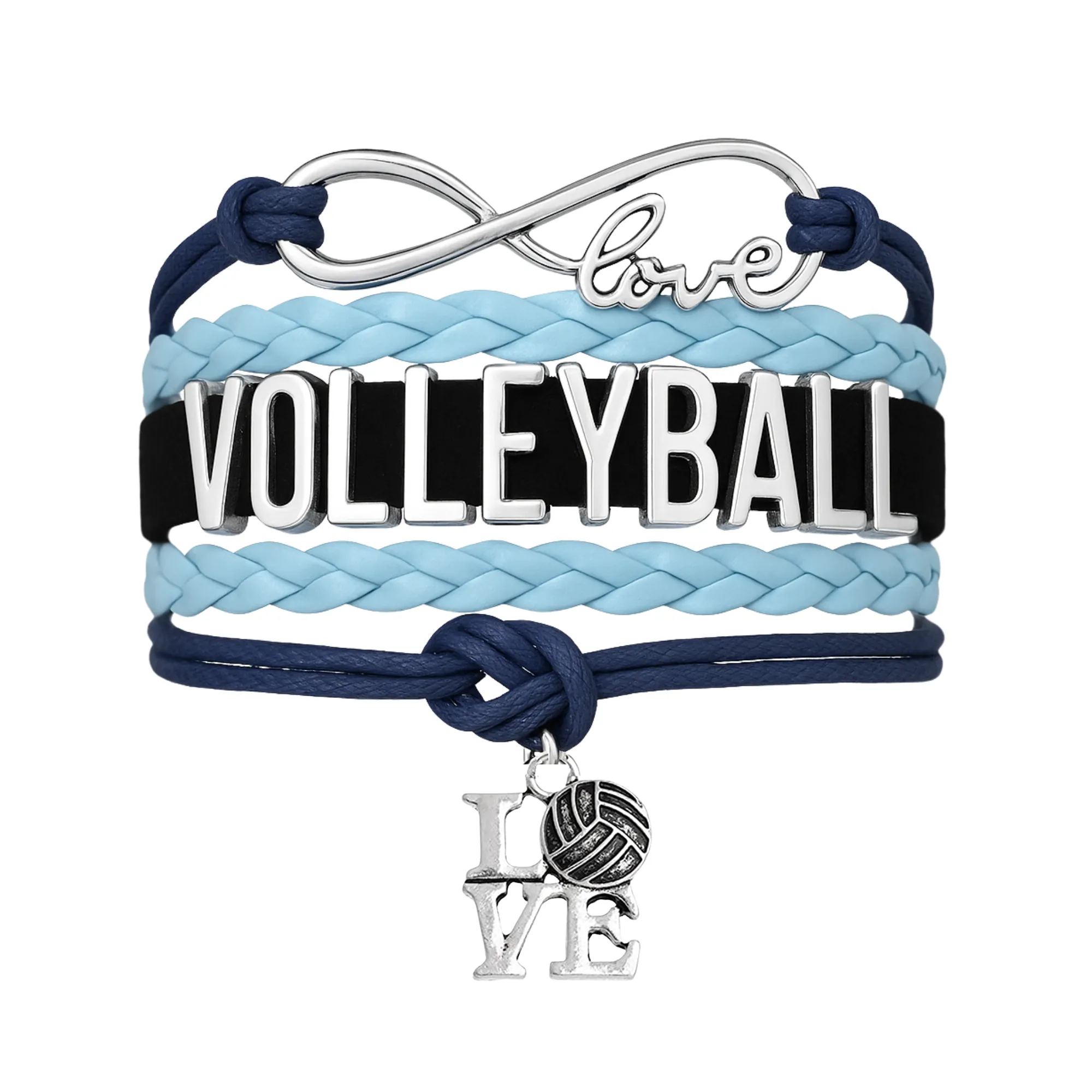 Girls Volleyball Blue and Black Infinity Bracelet - Pick Charm