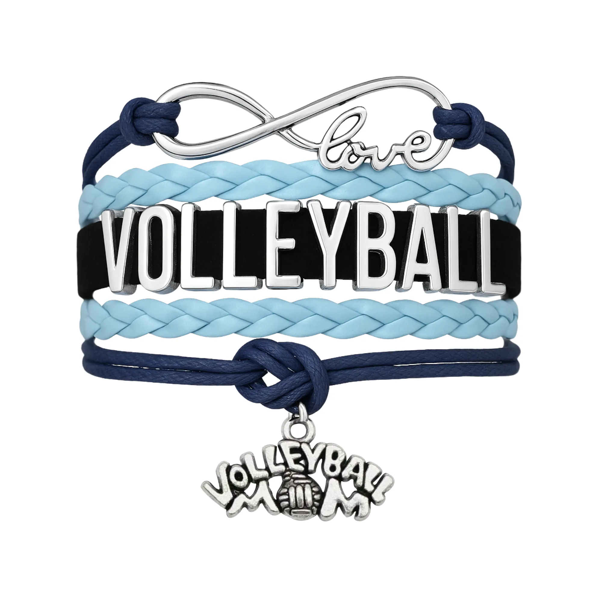 Girls Volleyball Blue and Black Infinity Bracelet - Pick Charm