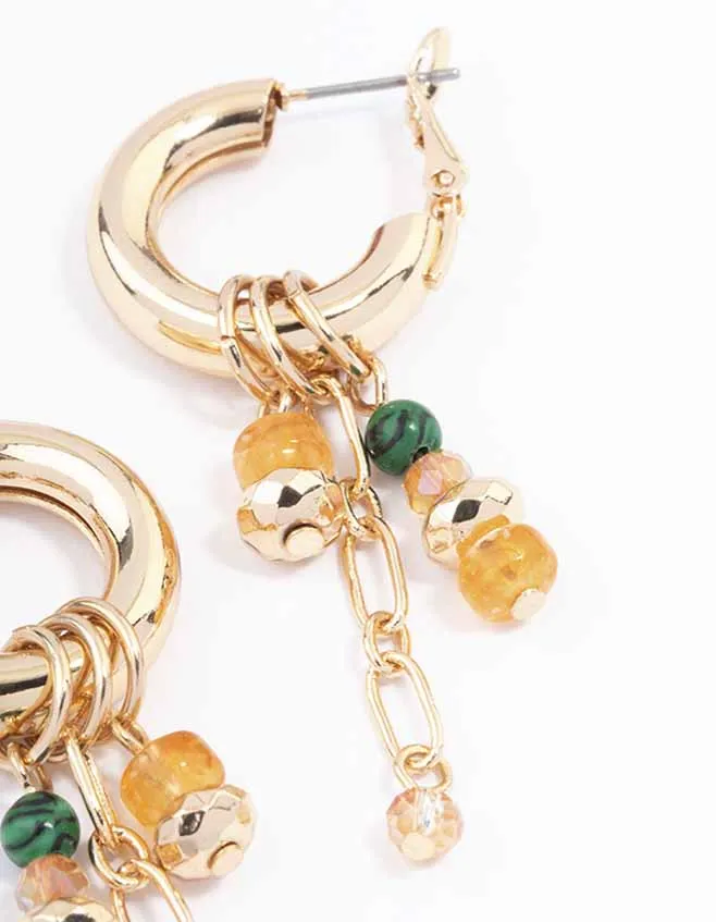 Gold Beaded Charm Chain Hoop Earrings