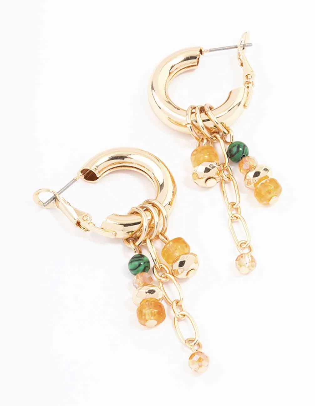 Gold Beaded Charm Chain Hoop Earrings