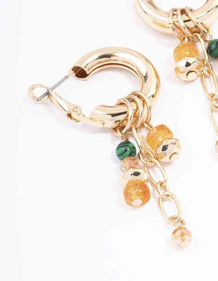 Gold Beaded Charm Chain Hoop Earrings
