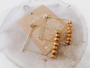 Gold Filled Beaded Square Hoop Earrings: Wood