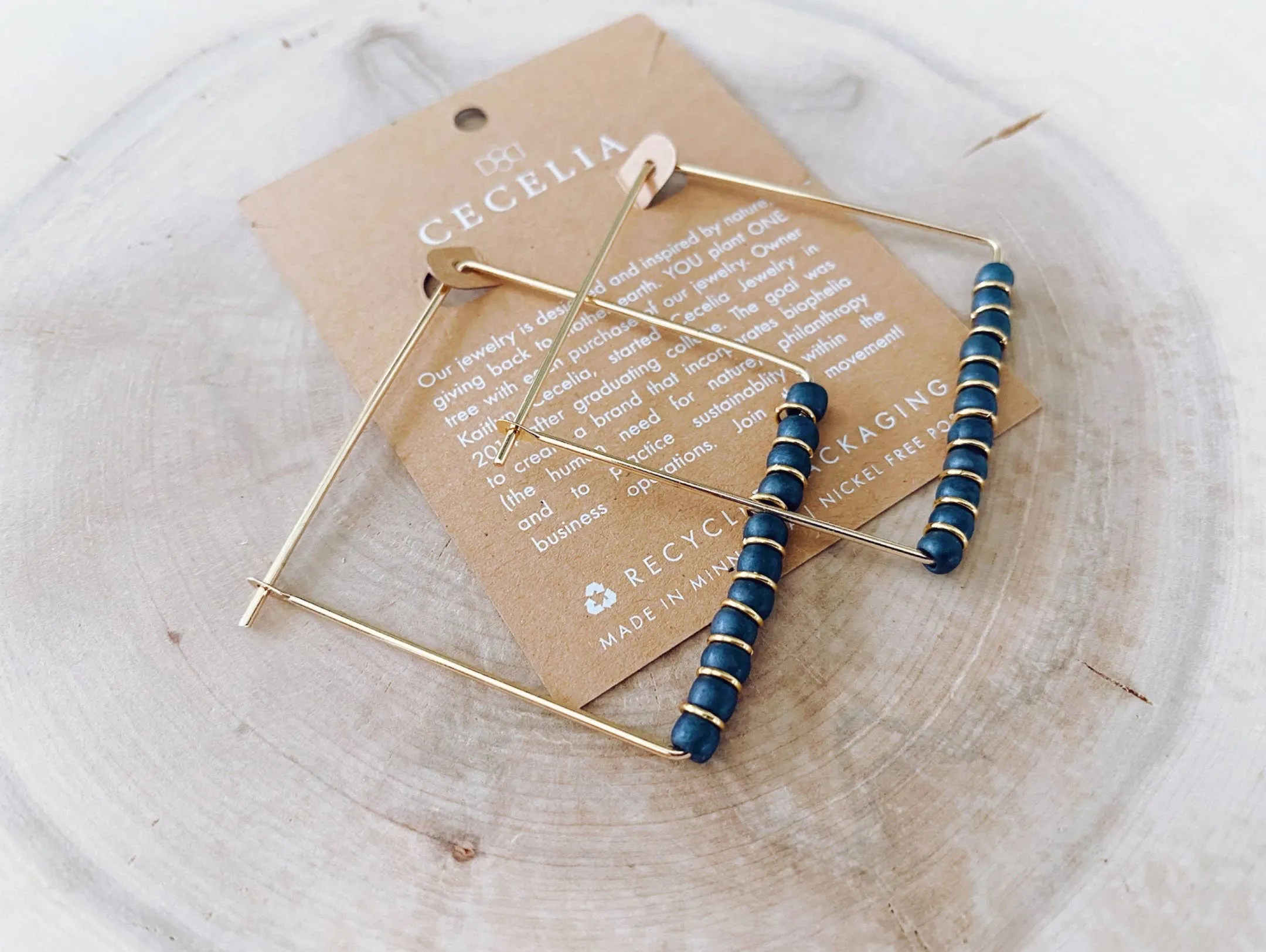 Gold Filled Beaded Square Hoop Earrings: Wood