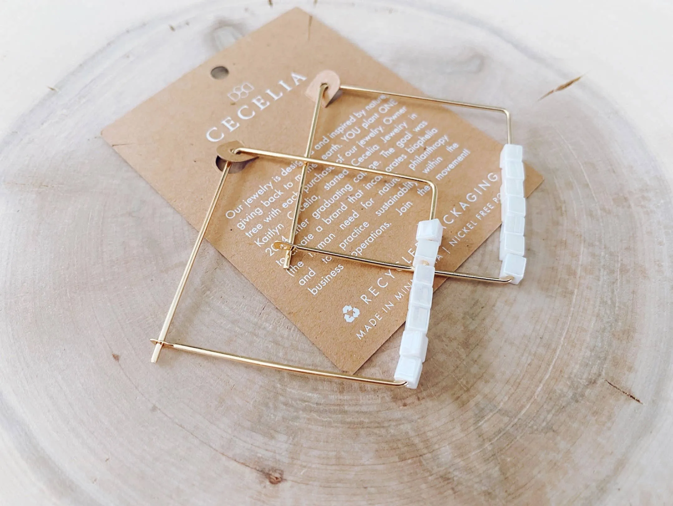 Gold Filled Beaded Square Hoop Earrings: Wood