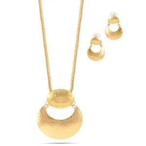 Gold Hammered Pendant Snake Chain Necklace And Earrings Set #SQ2223G
