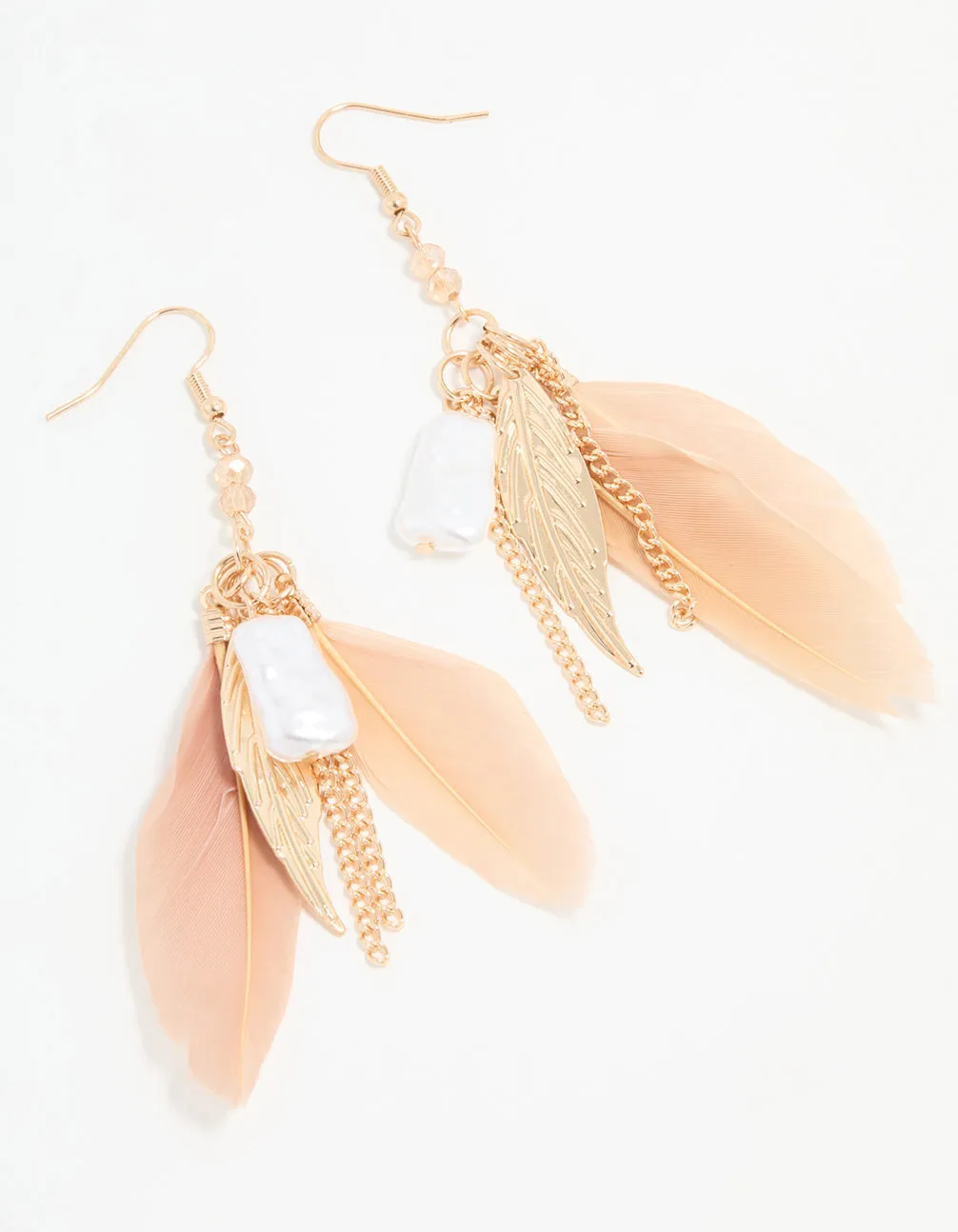 Gold Pearl Leaf Peach Feather Hook Earrings