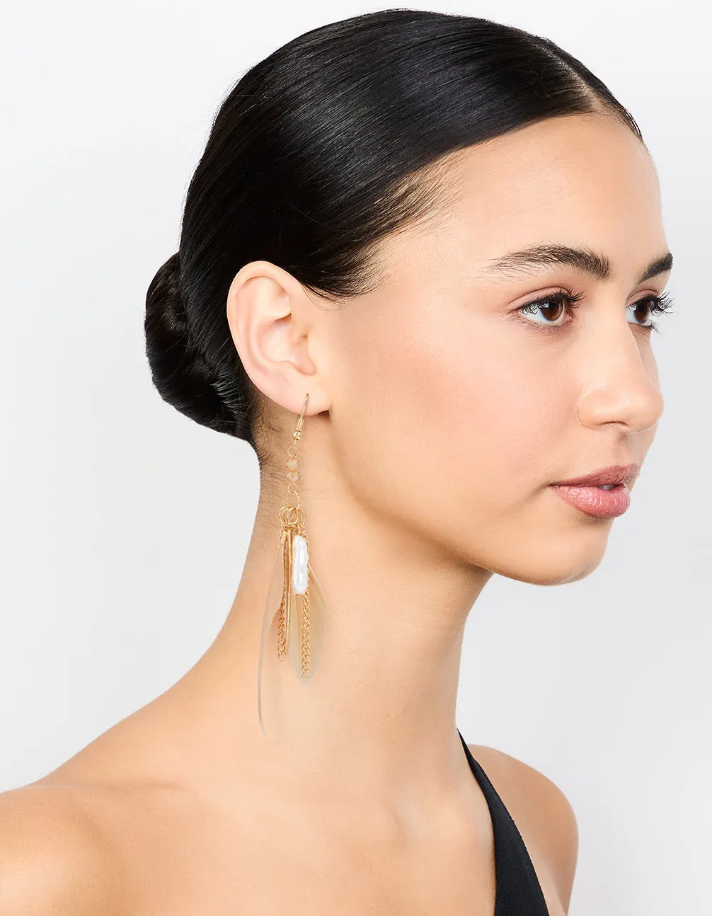 Gold Pearl Leaf Peach Feather Hook Earrings