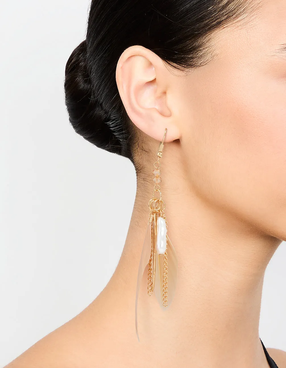 Gold Pearl Leaf Peach Feather Hook Earrings