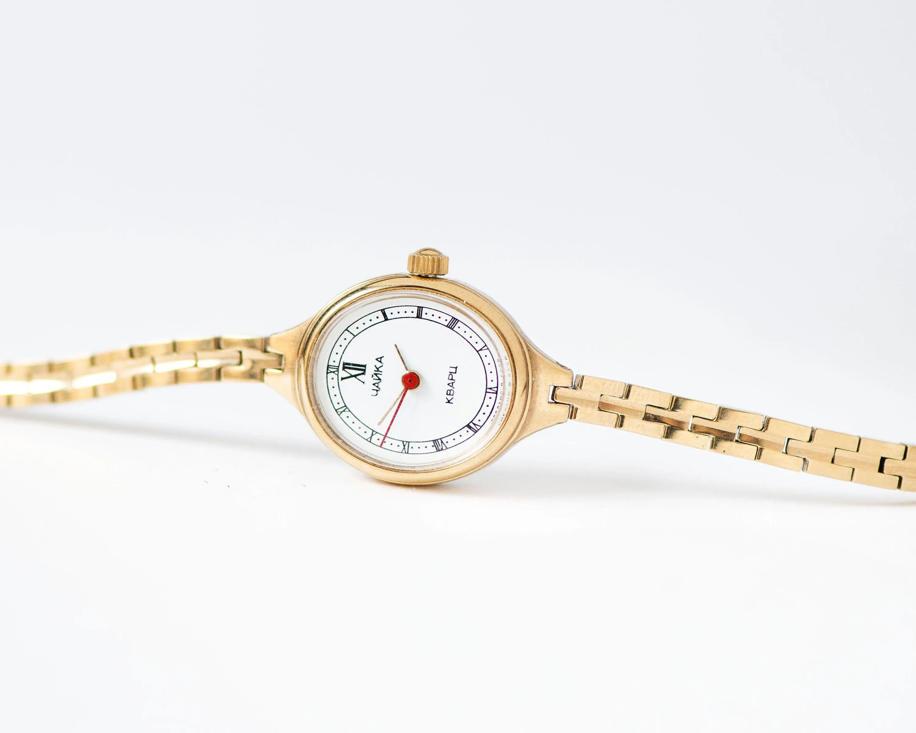 Gold plated cocktail watch for women quartz Seagull, vintage tiny bracelet watch, oval chic lady watch gift, delicate watch Roman numerals