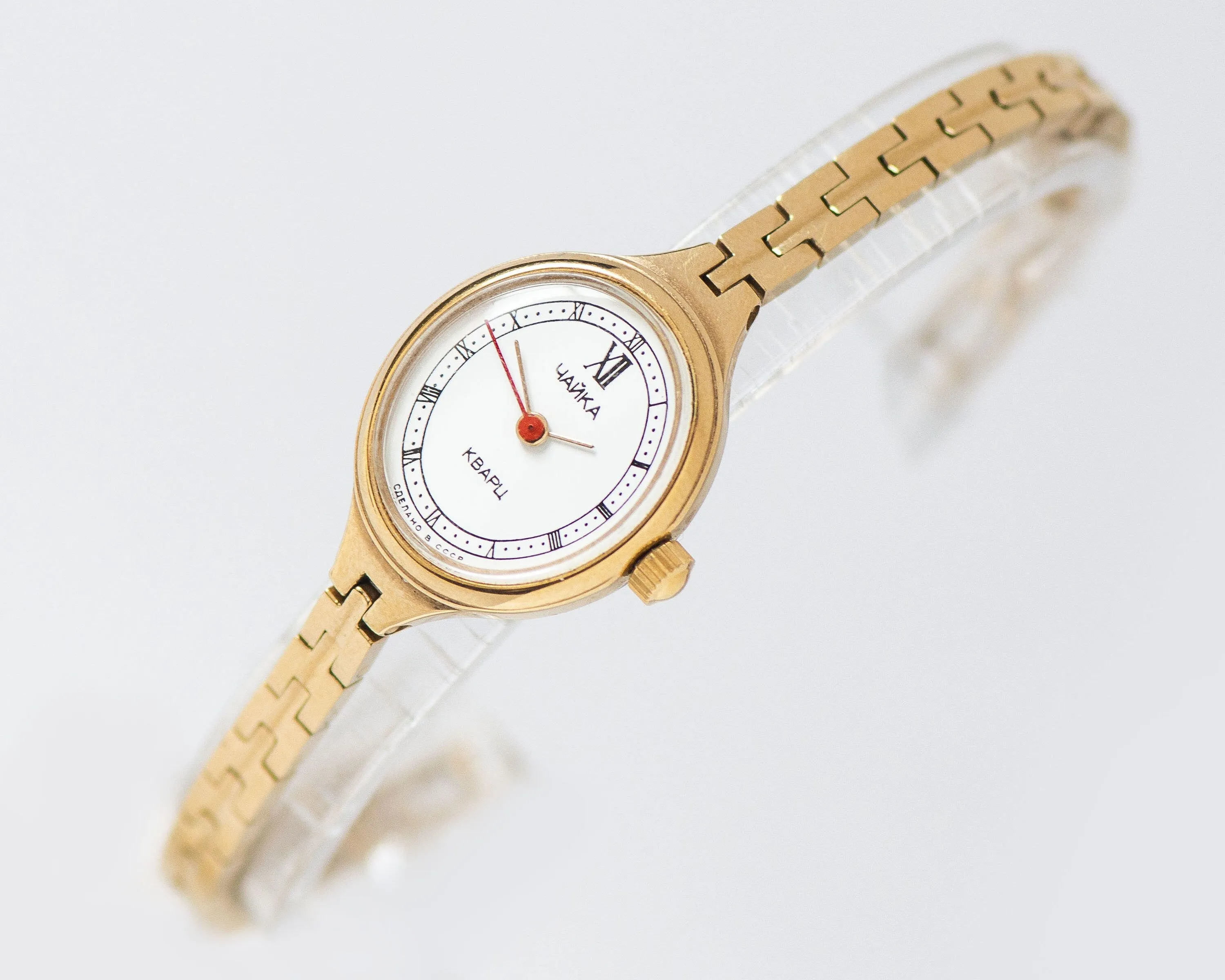 Gold plated cocktail watch for women quartz Seagull, vintage tiny bracelet watch, oval chic lady watch gift, delicate watch Roman numerals