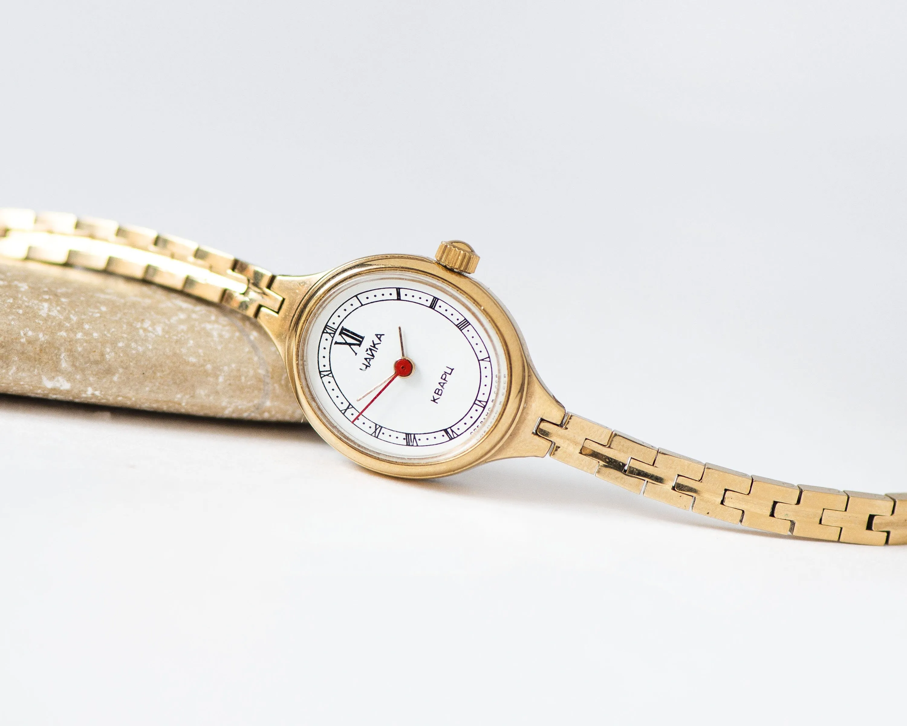 Gold plated cocktail watch for women quartz Seagull, vintage tiny bracelet watch, oval chic lady watch gift, delicate watch Roman numerals