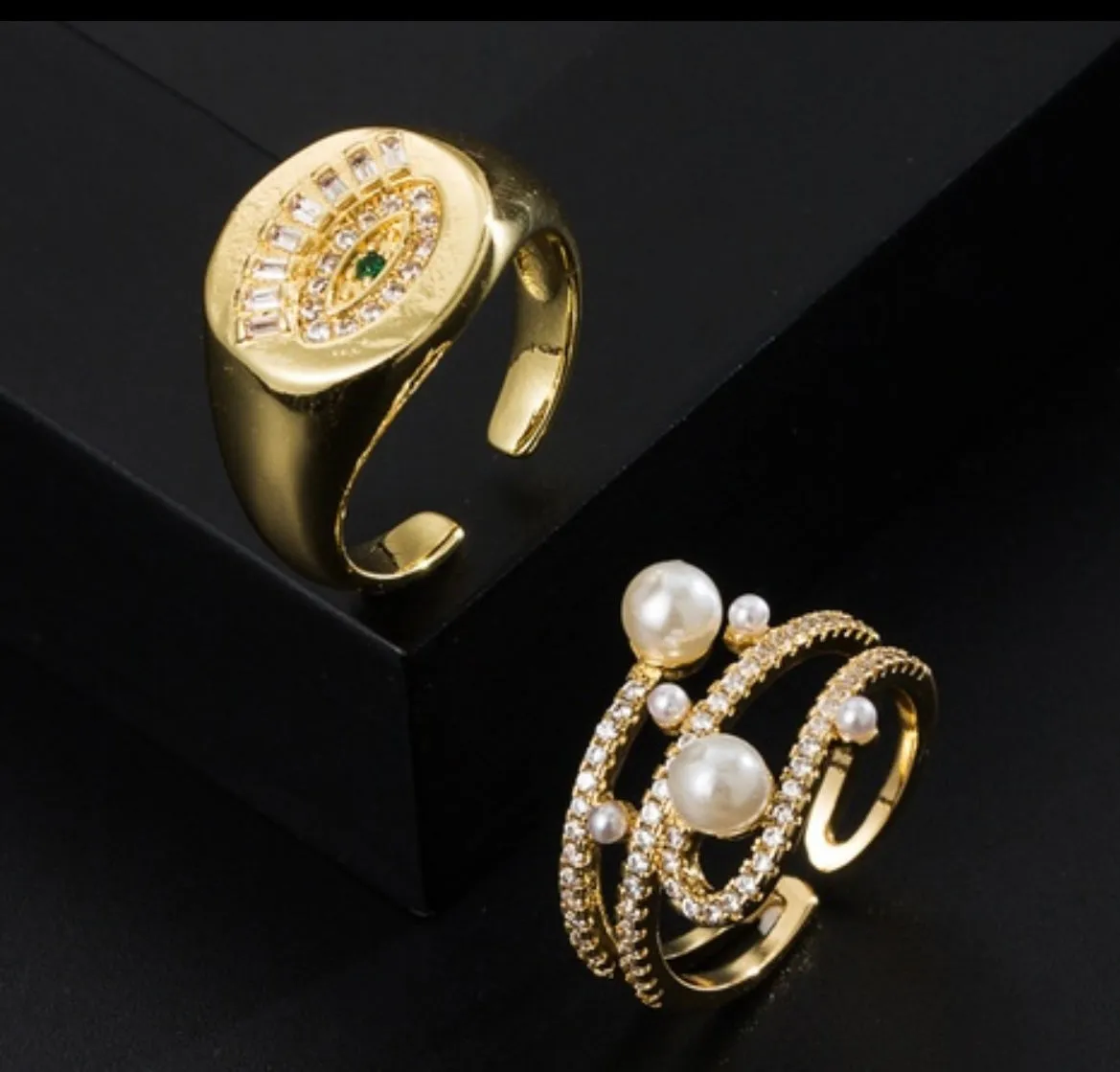 GOLD PLATED COPPER ADJUSTABLE ZIRCON EVIL EYE RING
