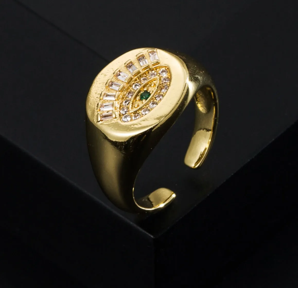GOLD PLATED COPPER ADJUSTABLE ZIRCON EVIL EYE RING
