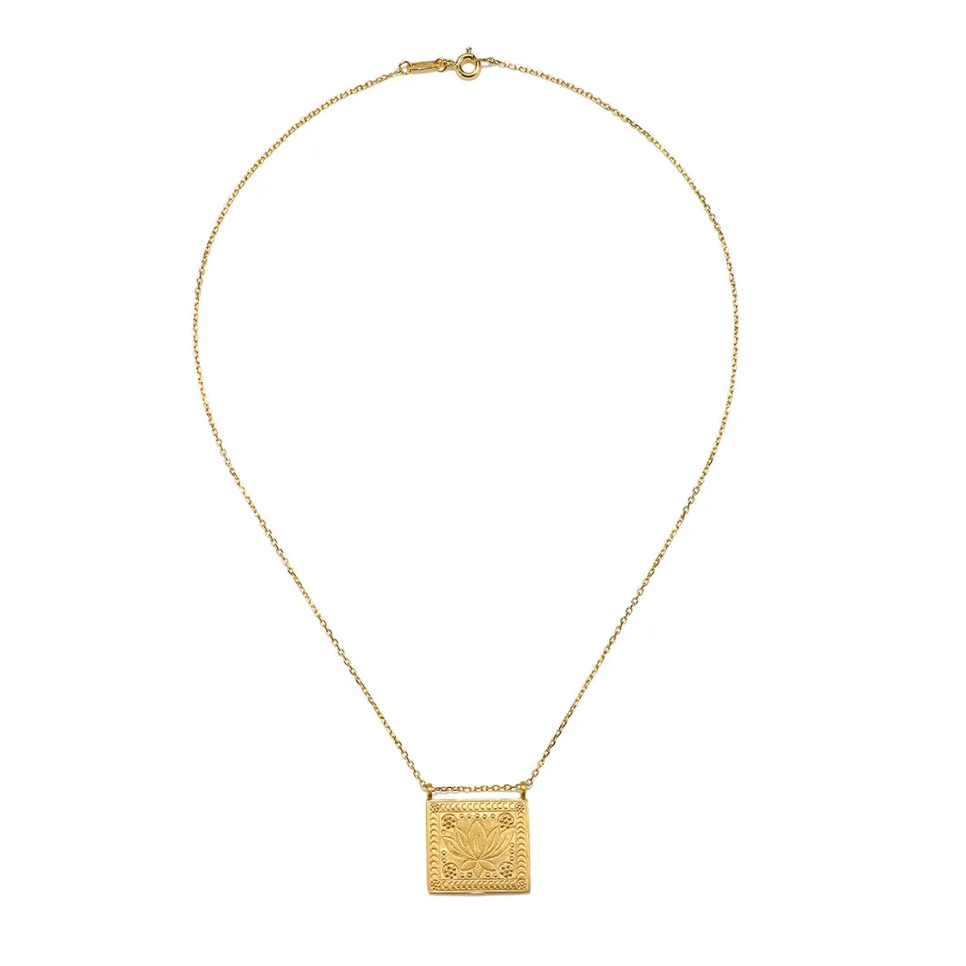 Gold Rectangle Lotus Pendant Necklace