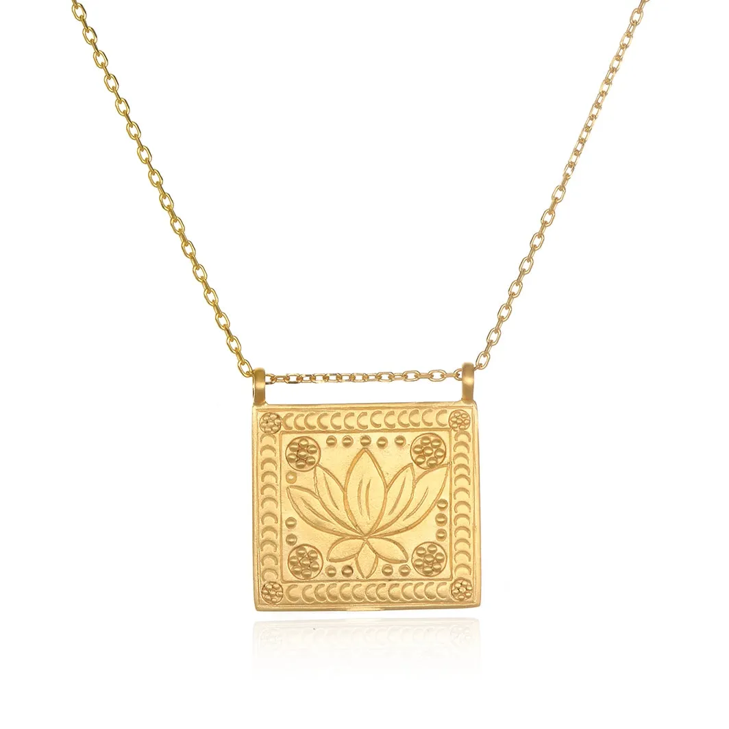 Gold Rectangle Lotus Pendant Necklace