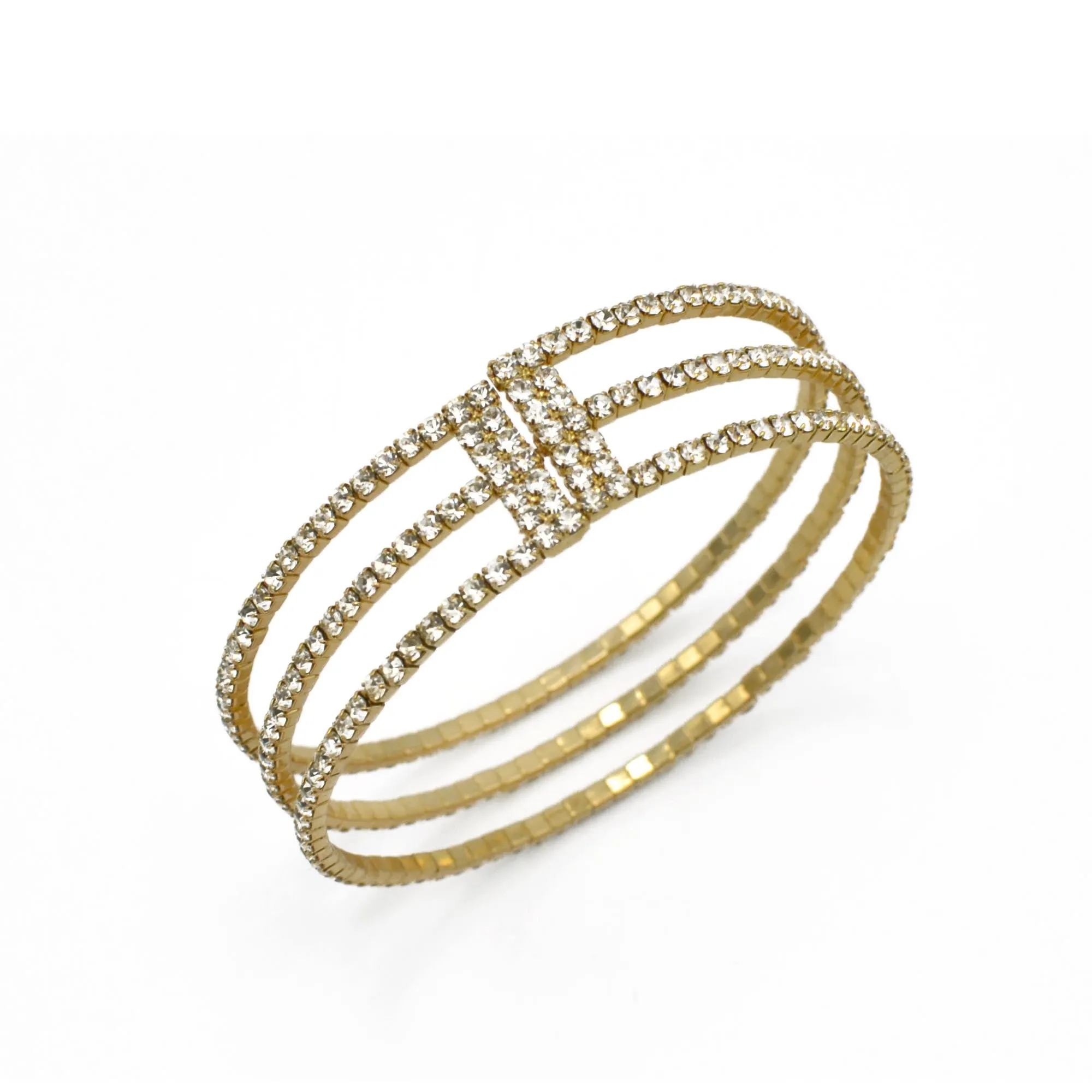 GOLD RHINESTONE CRYSTAL 3 ROW MEMORY COIL WIRE BRACELET #83358CR-G