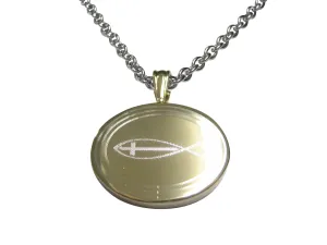 Gold Toned Etched Oval Religious Ichthys Fish with Cross Pendant Necklace