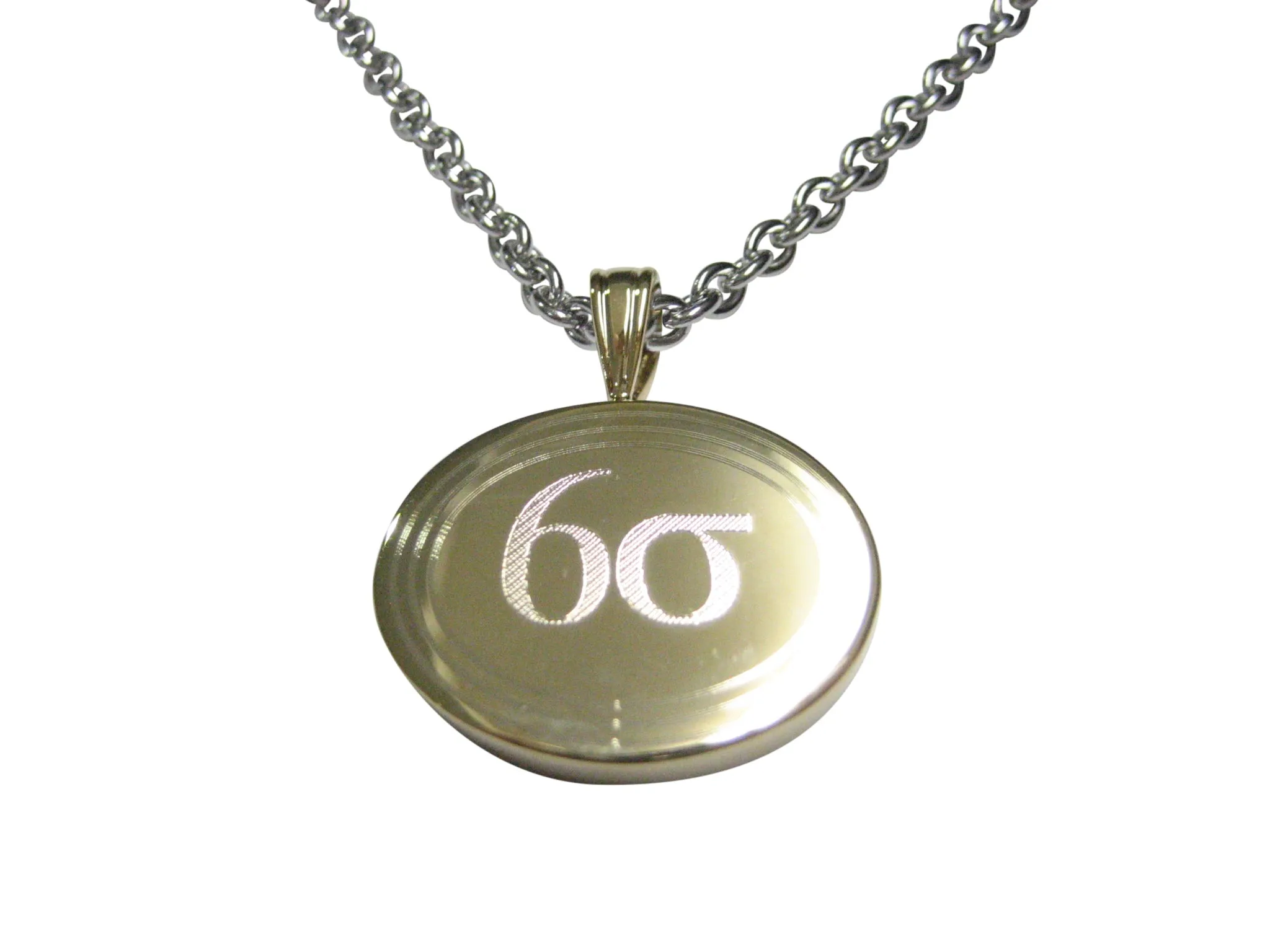 Gold Toned Etched Oval Six Sigma Pendant Necklace