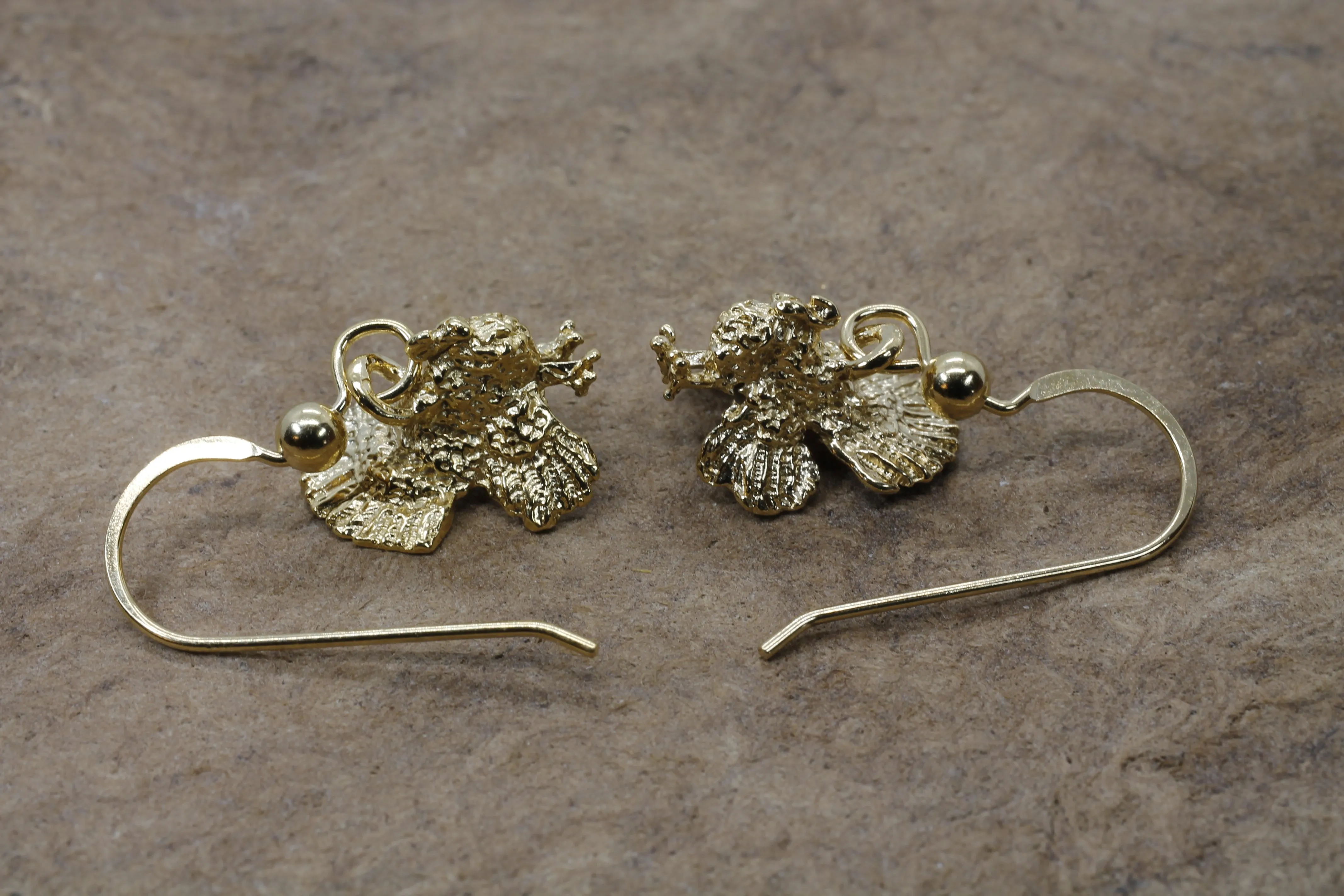 Gold Turkey Earrings with three dimensional 14kt gold vermeil Turkeys